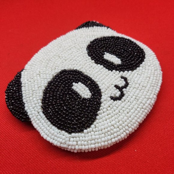 Vintage Coin Purse Panda Bear Beaded Black & White Silk Lined - Picture 4 of 11